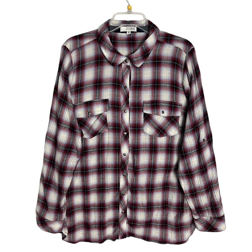 Kut from the‎ Kloth Top Womens Size 1X Red Plaid Long Sleeve Pearl Snap Boho